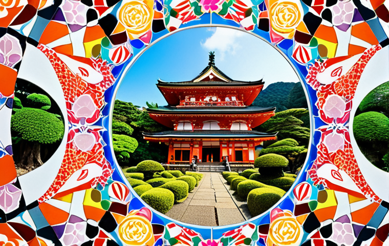 **

A close-up, vibrant kaleidoscope image with fragments of iconic Japanese landmarks (like temples, gardens, modern cityscapes) and smiling diverse tourists visible within the patterns. The overall feeling is bright, engaging, and hints at discovery.

**