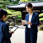 A professional Japanese tour guide in a modest business jacket and sensible trousers, stands in a serene, traditional Japanese garden. She is holding a tablet displaying an advanced AI interface with intricate cultural details, while gently explaining a historical fact to a small group of diverse tourists. The tourists are listening attentively, looking engaged. The atmosphere is calm, educational, and harmonious, bathed in soft natural light. fully clothed, appropriate attire, professional dress, safe for work, appropriate content, family-friendly, perfect anatomy, correct proportions, natural pose, well-formed hands, proper finger count, natural body proportions, professional photography, high quality.