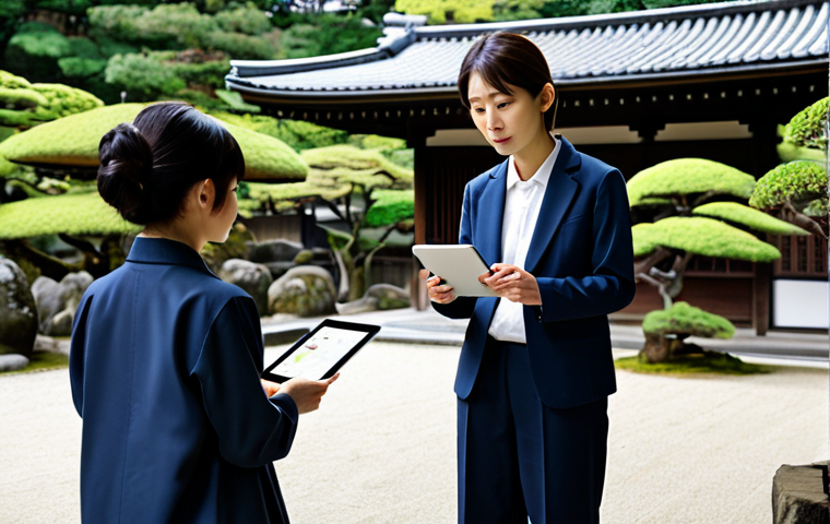 A professional Japanese tour guide in a modest business jacket and sensible trousers, stands in a serene, traditional Japanese garden. She is holding a tablet displaying an advanced AI interface with intricate cultural details, while gently explaining a historical fact to a small group of diverse tourists. The tourists are listening attentively, looking engaged. The atmosphere is calm, educational, and harmonious, bathed in soft natural light. fully clothed, appropriate attire, professional dress, safe for work, appropriate content, family-friendly, perfect anatomy, correct proportions, natural pose, well-formed hands, proper finger count, natural body proportions, professional photography, high quality.