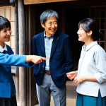 A cheerful Japanese female professional tour guide, wearing a smart, modest, and practical blazer over a collared shirt, with comfortable yet stylish trousers. She is warmly interacting with a small group of two international tourists (one male, one female), pointing towards a traditional pottery workshop entrance in a quaint, historic Japanese town. She holds a small, local map in her hand. The tourists are attentively listening, showing interest in the craft. The background features traditional wooden buildings, soft natural light, and subtle details of local artisanry. perfect anatomy, correct proportions, natural pose, well-formed hands, proper finger count, natural body proportions, professional photography, high quality, fully clothed, modest clothing, appropriate attire, professional dress, safe for work, appropriate content, family-friendly.