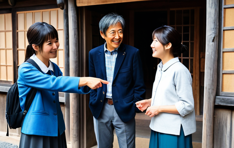 A cheerful Japanese female professional tour guide, wearing a smart, modest, and practical blazer over a collared shirt, with comfortable yet stylish trousers. She is warmly interacting with a small group of two international tourists (one male, one female), pointing towards a traditional pottery workshop entrance in a quaint, historic Japanese town. She holds a small, local map in her hand. The tourists are attentively listening, showing interest in the craft. The background features traditional wooden buildings, soft natural light, and subtle details of local artisanry. perfect anatomy, correct proportions, natural pose, well-formed hands, proper finger count, natural body proportions, professional photography, high quality, fully clothed, modest clothing, appropriate attire, professional dress, safe for work, appropriate content, family-friendly.