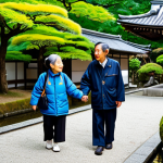 Tourist Guide Helping Senior Travelers**

A professional Japanese tour guide, fully clothed in modest professional attire, assists senior travelers wearing comfortable walking shoes and appropriate outerwear, at a historical site in Kyoto, Japan. The scene includes a traditional Japanese garden with maple trees. Perfect anatomy, correct proportions, natural pose, well-formed hands. Safe for work, appropriate content, family-friendly, professional photography, high quality.

**