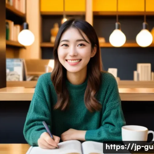관광통역안내사 시험 출제 경향 분석 - A vibrant, eye-level shot of a cheerful young Japanese woman, Haru, who is a travel influencer and g...