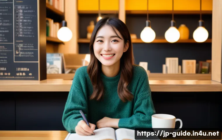 관광통역안내사 시험 출제 경향 분석 - A vibrant, eye-level shot of a cheerful young Japanese woman, Haru, who is a travel influencer and g...