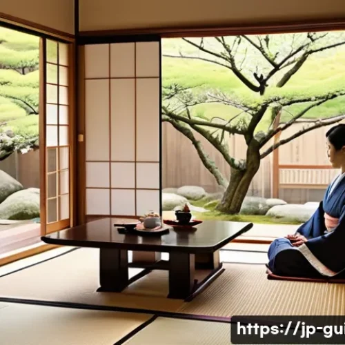관광통역안내사로서 여행 상품 구성의 이해 - A vibrant Japanese ryokan (traditional inn) scene in spring, featuring a spacious tatami room with s...