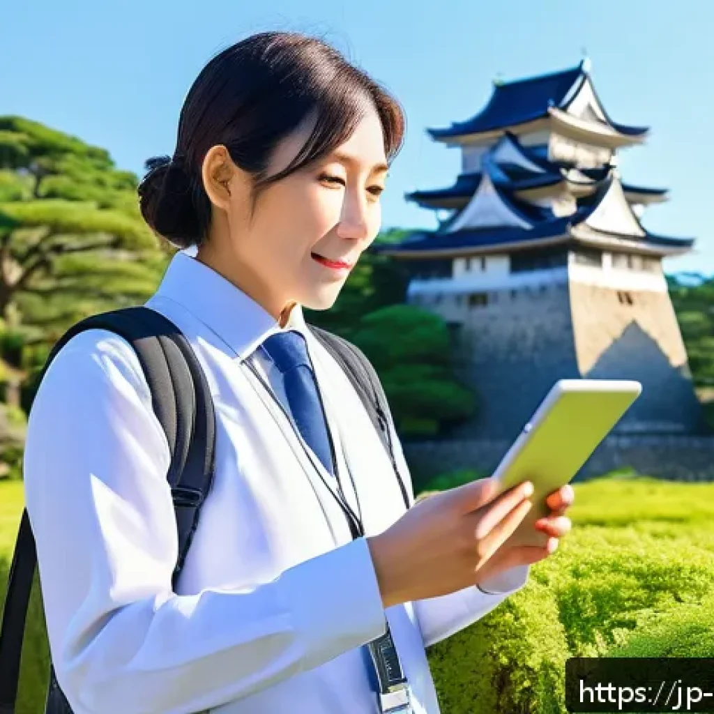 관광통역안내사 직업의 경제적 안정성과 전망 - A professional Japanese tour guide wearing smart casual attire and a neat, modest outfit, holding a ...