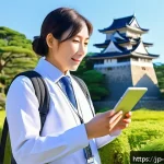 관광통역안내사 직업의 경제적 안정성과 전망 - A professional Japanese tour guide wearing smart casual attire and a neat, modest outfit, holding a ...