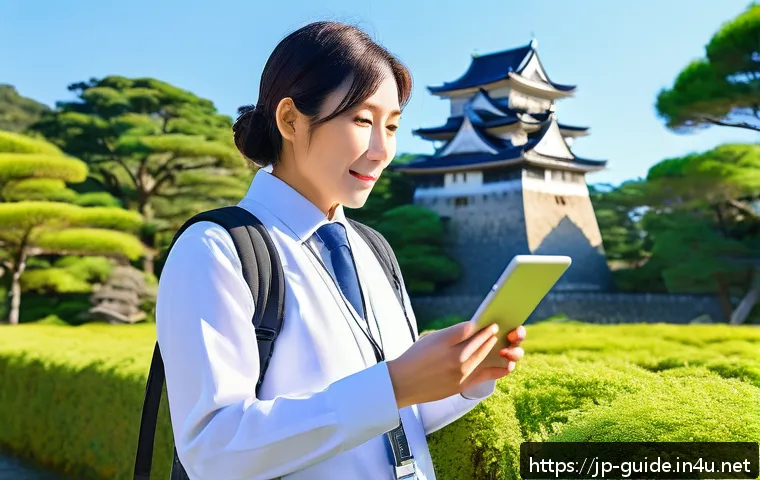 관광통역안내사 직업의 경제적 안정성과 전망 - A professional Japanese tour guide wearing smart casual attire and a neat, modest outfit, holding a ...