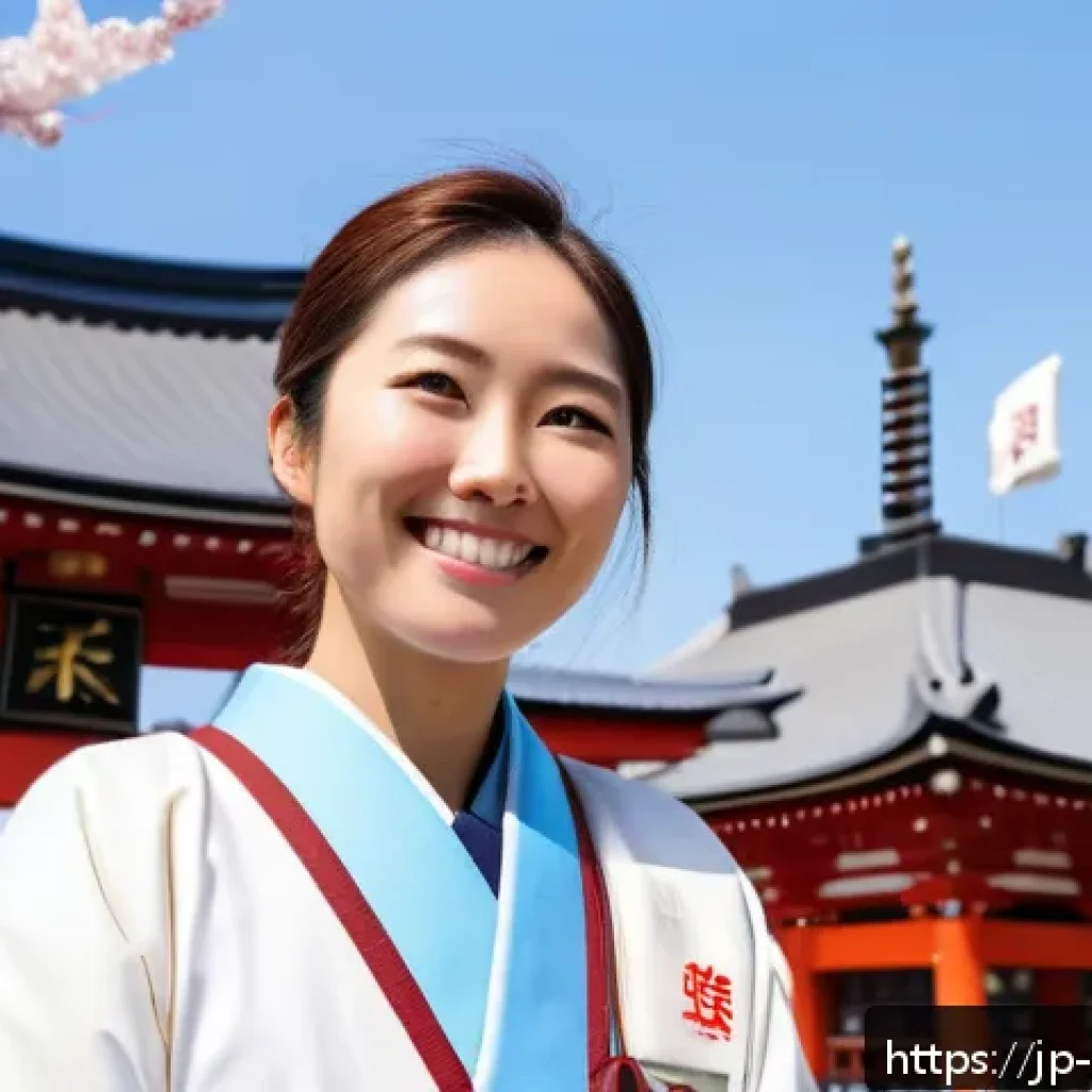 관광통역안내사 국제 행사의 역할 - A professional Japanese tourist interpreter guide wearing a neat uniform with a name badge, explaini...