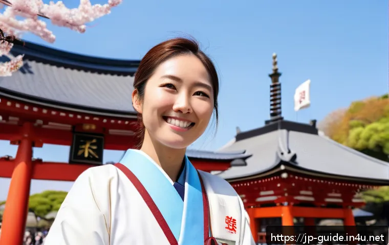 관광통역안내사 국제 행사의 역할 - A professional Japanese tourist interpreter guide wearing a neat uniform with a name badge, explaini...