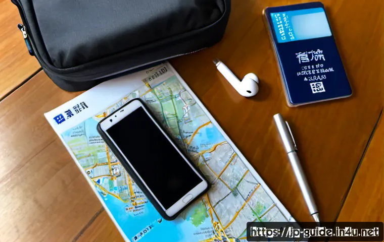 관광통역안내사 필수 준비물 목록 - Photorealistic overhead flat lay of essential equipment for a professional tourist interpreter guide...