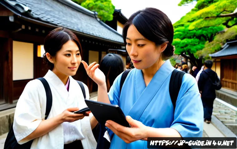관광통역안내사 직업 관련 트렌드 - Photorealistic Japanese tourism interpreter guide leading a small diverse group through a historic K...